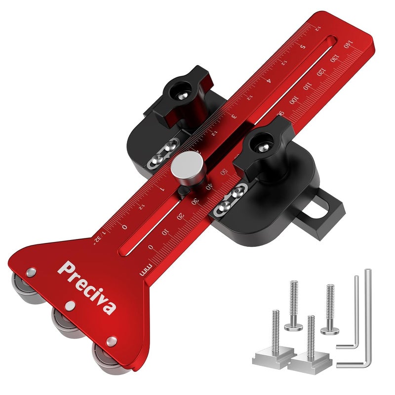 Preciva Thin Rip Table Saw Jig - 3 Pulleys Thin Rip Jig for Making Repetitive Narrow Strip Cuts, Table Saw Guide Fits for 3/8“ x 3/4” U Slot T Slot and 1/4“ x 3/8” T Slot Red - Image 1